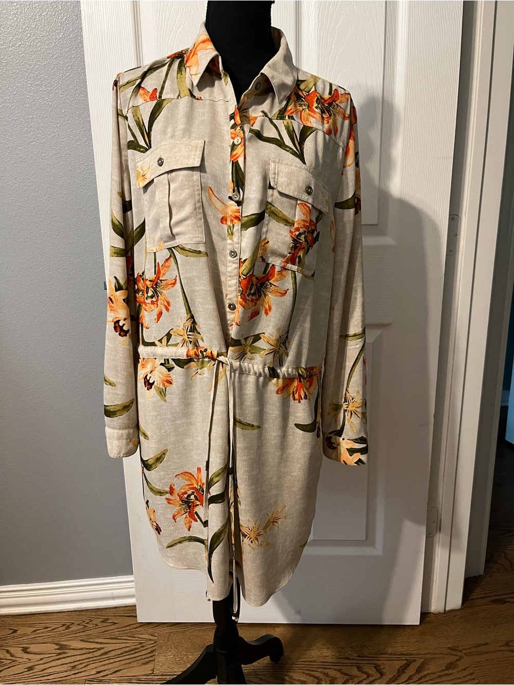 Chico's Beige Floral Drawstring Shirt Dress